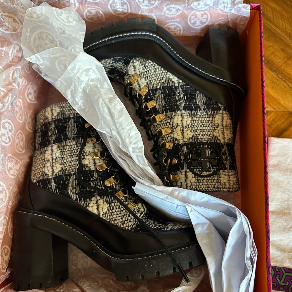 Tory Burch Black & White Tweed Lace-Up Combat Boot - Picture 7 of 7